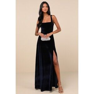 Navy Blue Velvet Square Neck Lace-Up Maxi Dress